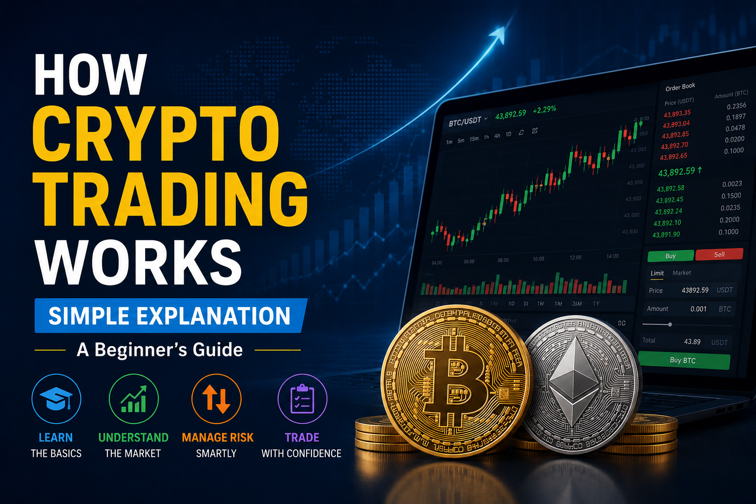 How crypto trading works simple explanation for beginners with Bitcoin and Ethereum coins, candlestick chart, and upward market trend.