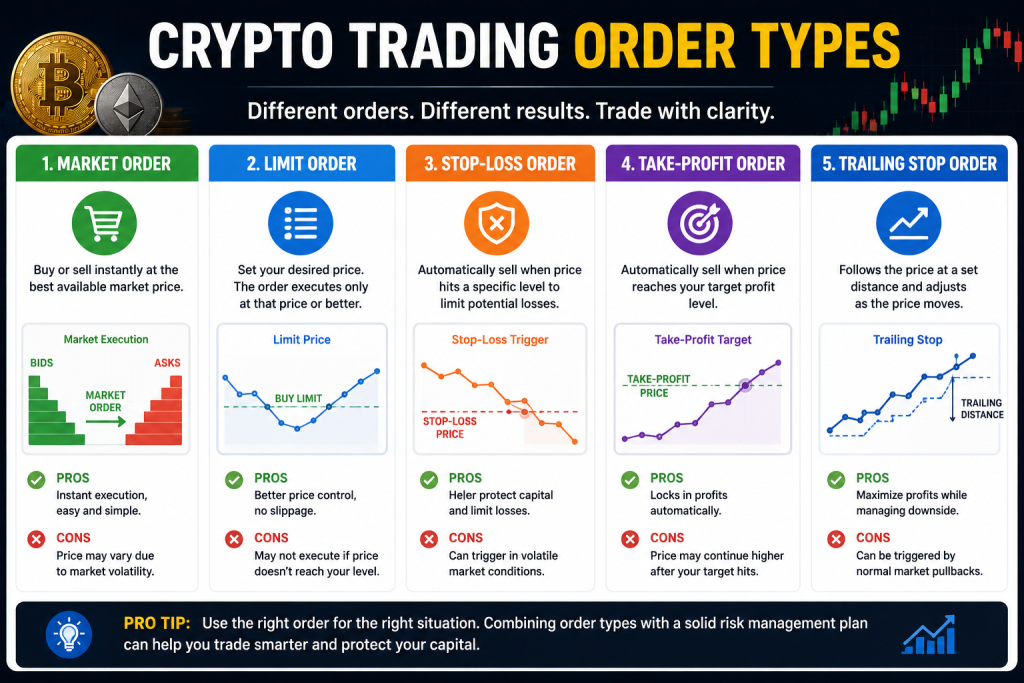 Crypto trading order types infographic explaining market order, limit order, stop-loss order, take-profit order, and trailing stop order.