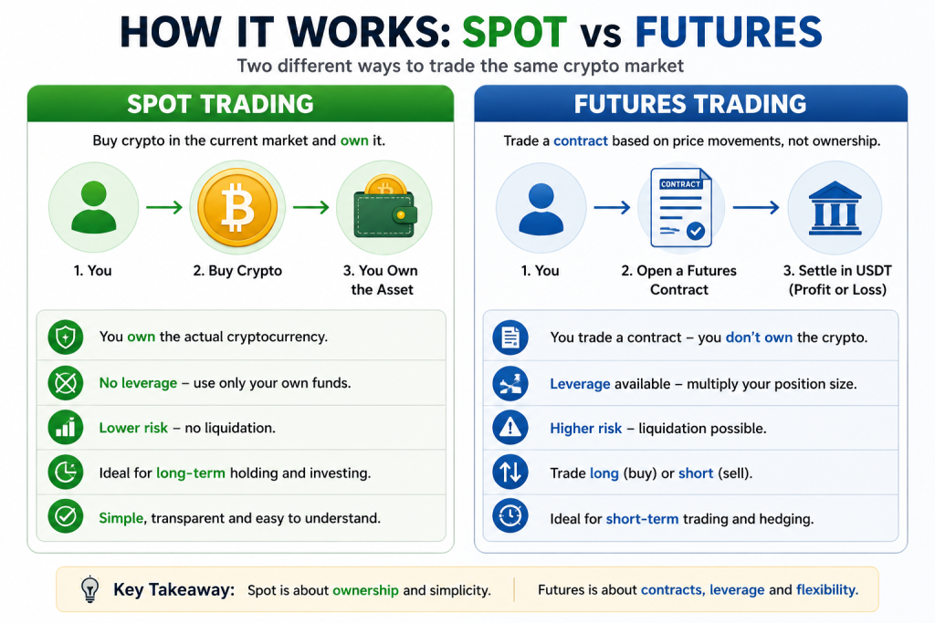 How spot trading and futures trading work in crypto, showing that spot traders own the asset while futures traders trade contracts.