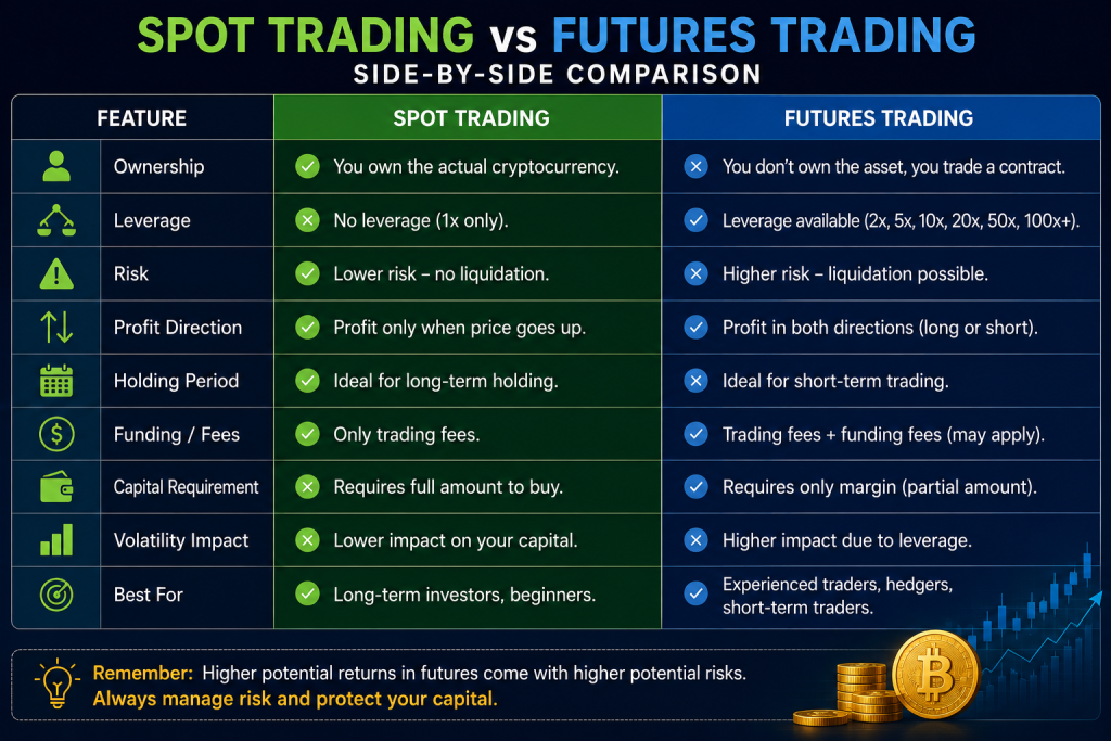 Side-by-side comparison table of spot trading and futures trading in crypto, covering leverage, liquidation risk, fees, and ideal users.
