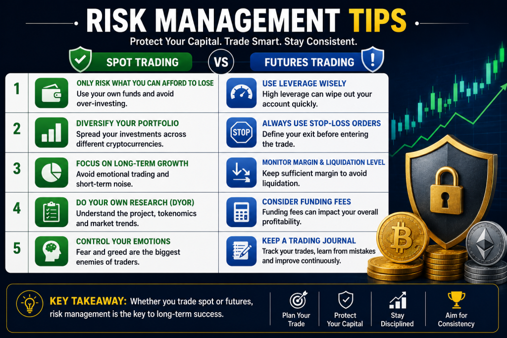 Risk management tips for crypto spot and futures trading, including stop-loss orders, leverage control, and trading journal practices.
