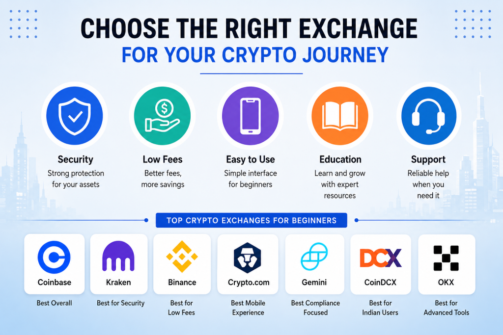 Infographic titled “Choose the Right Exchange for Your Crypto Journey” comparing key factors such as security, low fees, ease of use, educational resources, and customer support, along with top beginner crypto exchanges including Coinbase, Kraken, Binance, Crypto.com, Gemini, CoinDCX, and OKX.