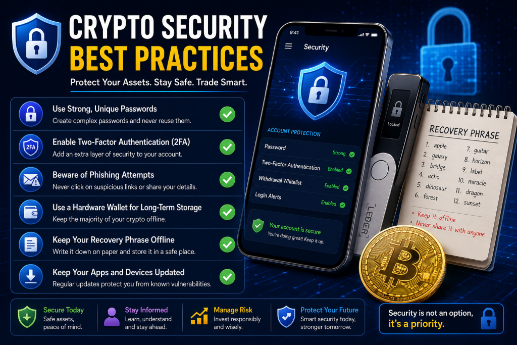 Infographic titled “Crypto Security Best Practices” outlining essential tips for protecting digital assets, including strong passwords, two-factor authentication, phishing protection, hardware wallets, offline recovery phrase storage, and keeping devices updated.