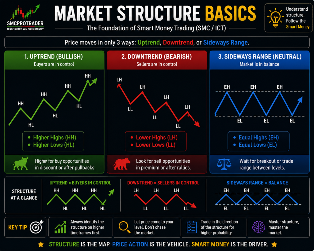 Reading Gold Charts Like Smart Money market structure basics infographic showing bullish uptrend, bearish downtrend, and sideways range with HH, HL, LH, LL, EH, and EL.