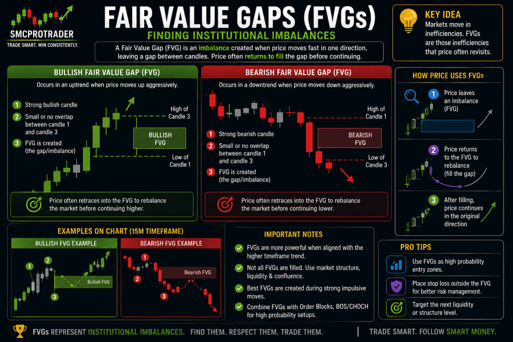 Reading Gold Charts Like Smart Money Fair Value Gap FVG infographic explaining bullish and bearish market imbalances and how price returns to fill the gap.