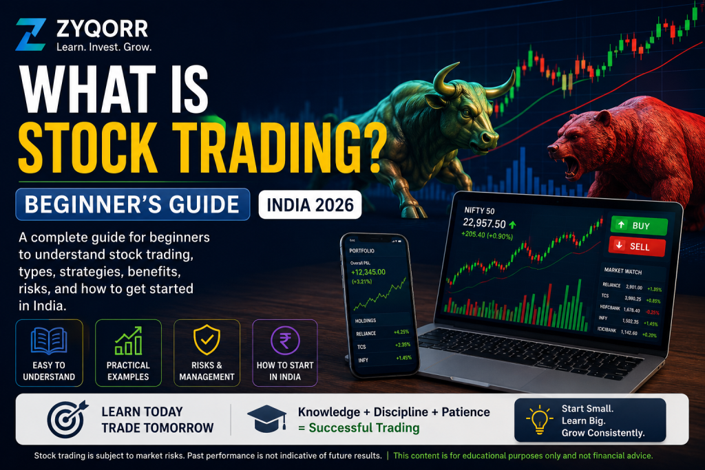 What is stock trading infographic for beginners explaining stock trading basics with bull and bear market illustration and practical examples