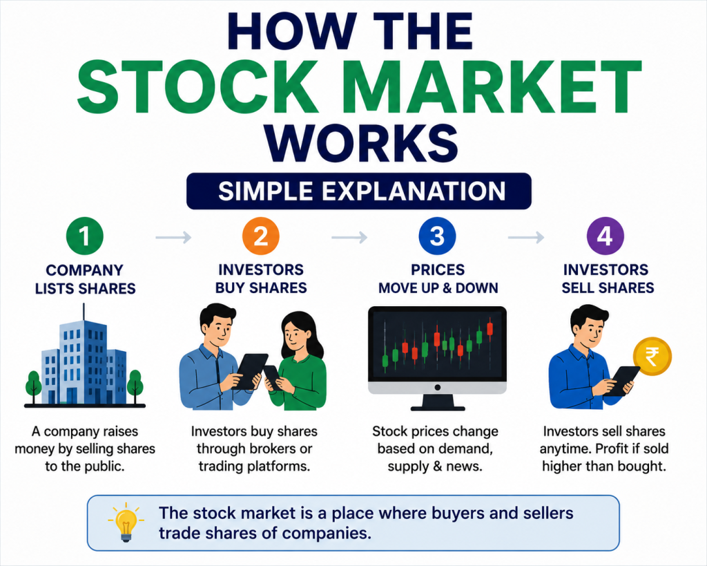 Step-by-step infographic explaining how the stock market works, showing companies listing shares, investors buying stocks, prices moving up and down, and investors selling shares for profit.