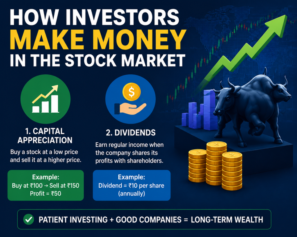 Stock market investing infographic explaining how investors make money through capital appreciation and dividends, featuring a bullish stock market chart, gold coins, and a financial bull statue.