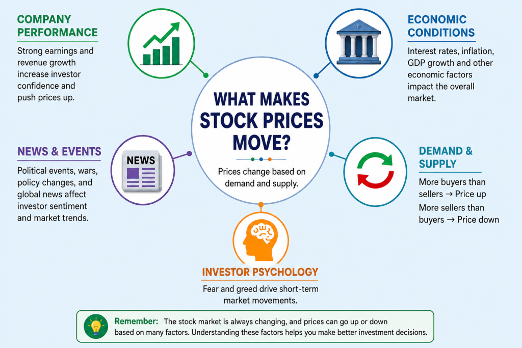 Educational infographic explaining what makes stock prices move, including company performance, economic conditions, demand and supply, news events, and investor psychology.
