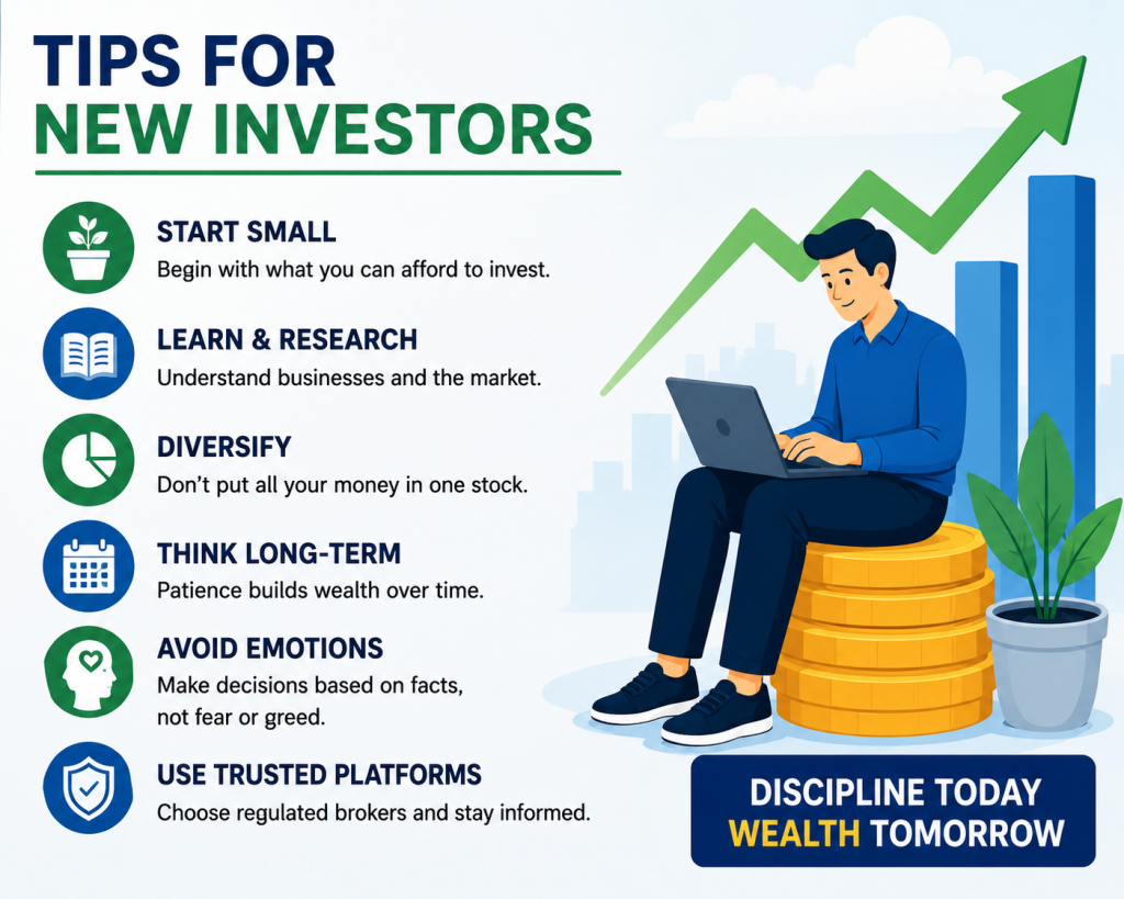 Beginner investing tips infographic showing advice like start small, diversify, think long-term, and avoid emotional decisions, alongside a growing stock market graph and investor illustration.