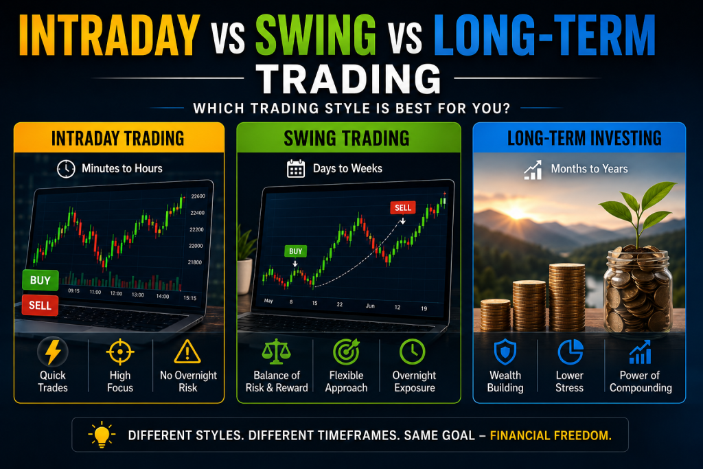Colorful comparison infographic showing Intraday vs Swing vs Long-Term Trading with timeframes, risk levels, trading charts, and financial growth concepts.