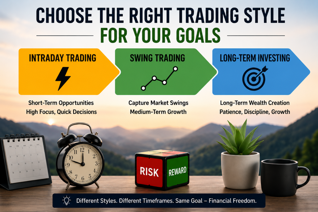 Professional trading infographic titled ‘Choose the Right Trading Style for Your Goals’ featuring intraday, swing, and long-term investing with icons, charts, and financial planning visuals.