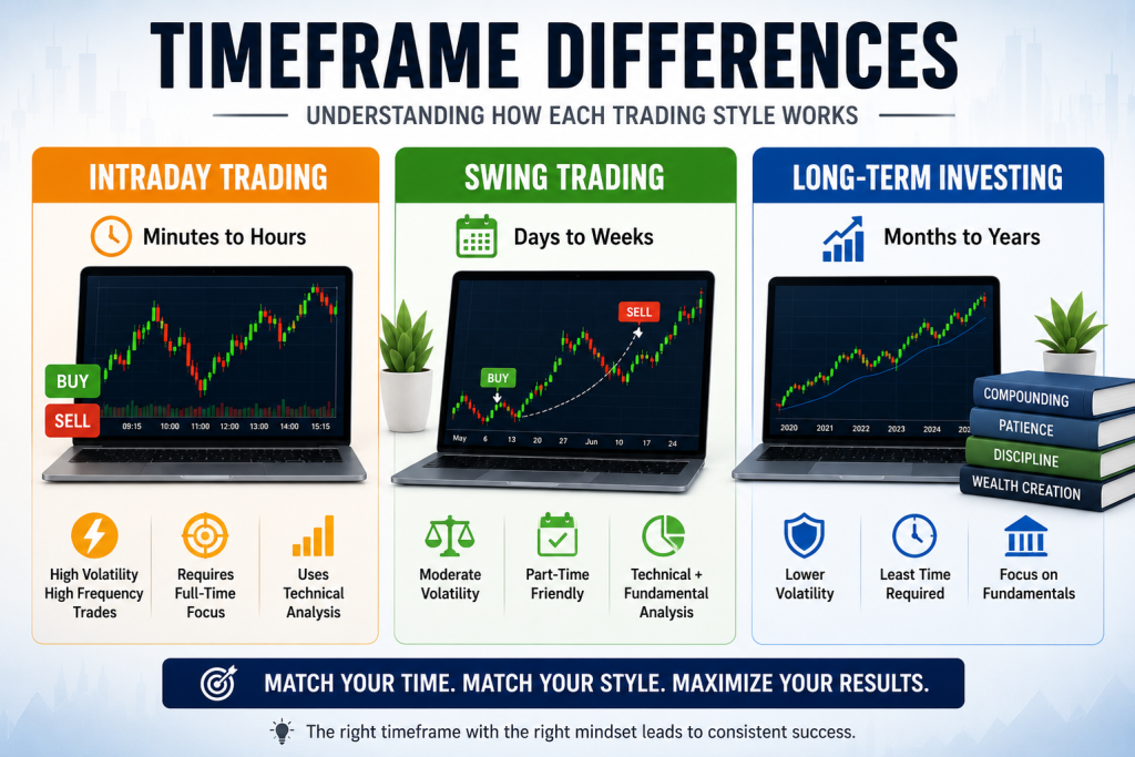 Educational infographic explaining timeframe differences between Intraday Trading, Swing Trading, and Long-Term Investing with stock charts, volatility indicators, and investment growth visuals.