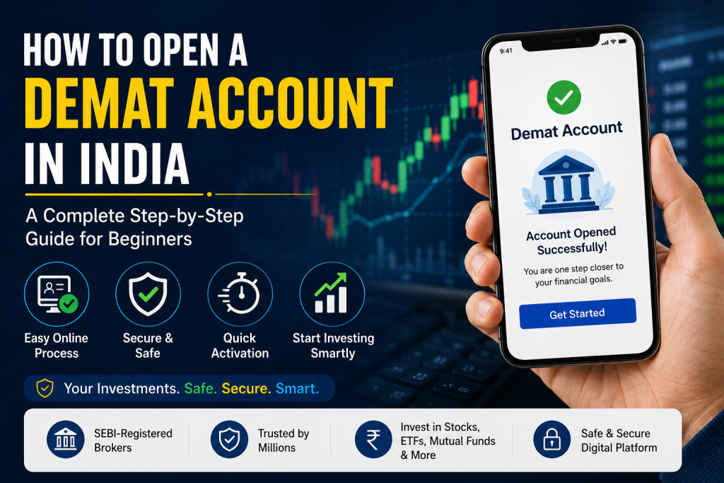 A professional financial blog banner showing a smartphone with a successful Demat account opening screen, stock market charts in the background, and text explaining how to open a Demat account in India for beginners.
