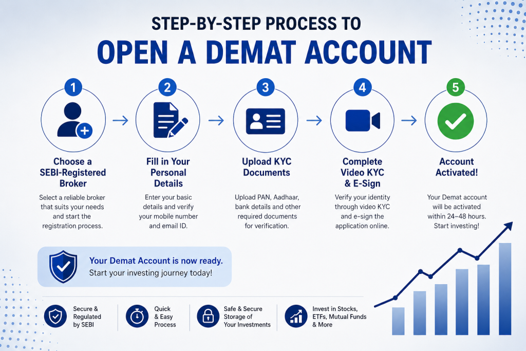 Step-by-step infographic explaining the process to open a Demat account in India, including broker selection, KYC verification, document upload, video KYC, e-signature, and account activation.