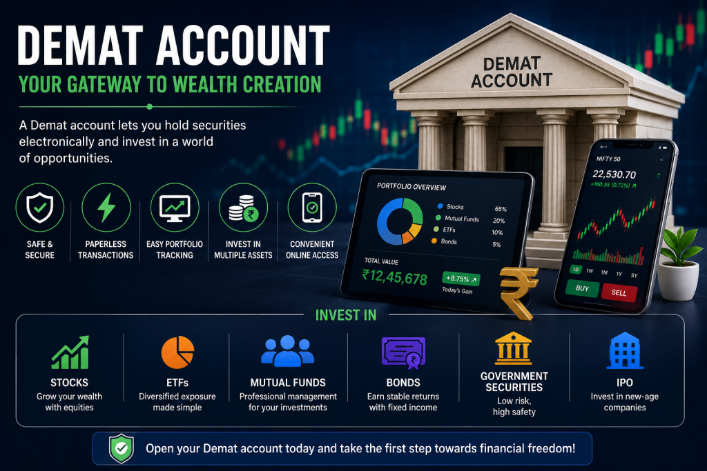Modern Demat account infographic highlighting wealth creation, secure investing, portfolio tracking, ETFs, mutual funds, bonds, IPOs, and online investment features with stock market visuals.