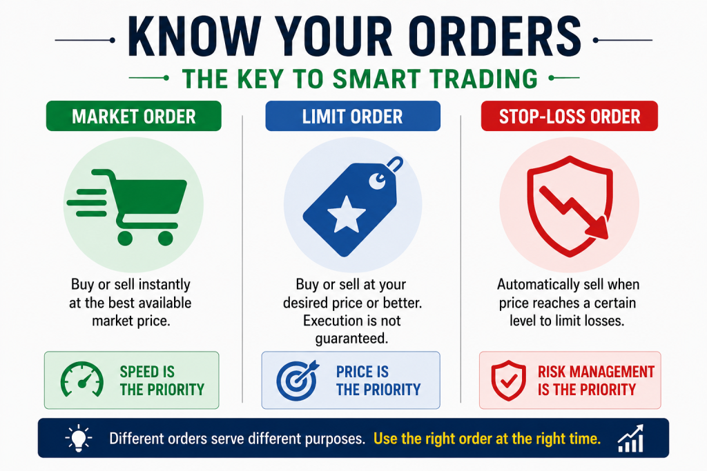 Clean trading infographic showing Market Order, Limit Order, and Stop-Loss Order explanations with green, blue, and red sections on a white background, highlighting speed, price control, and risk management in trading.