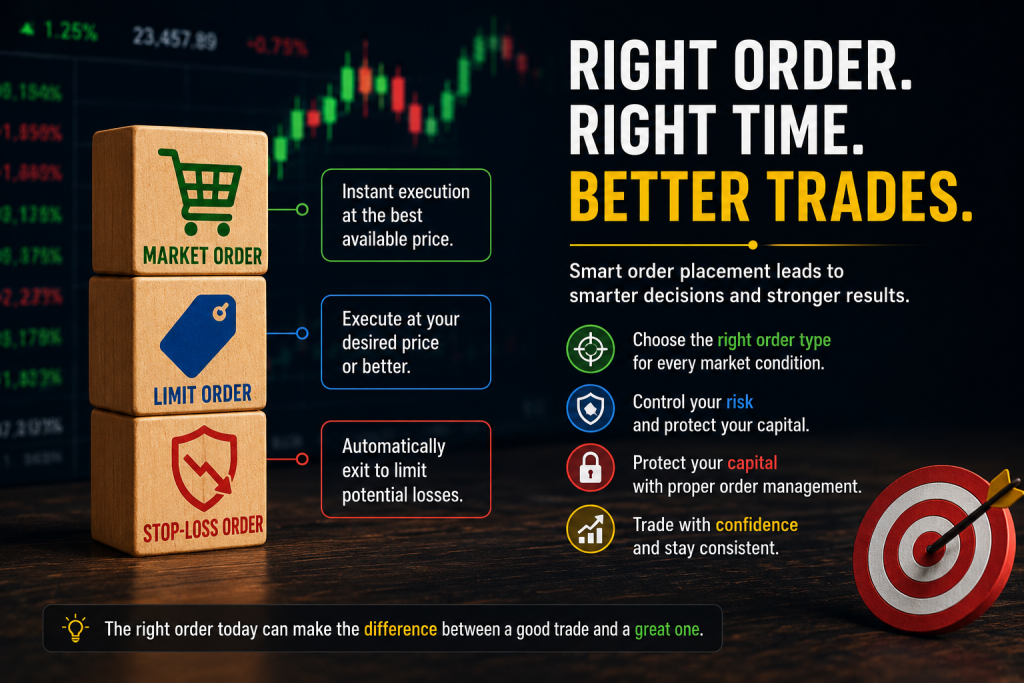 Professional trading poster with stacked wooden blocks representing Market Order, Limit Order, and Stop-Loss Order alongside stock market charts, risk management icons, and motivational trading text about making smarter trading decisions.