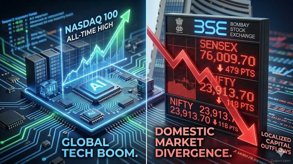 Indian economic landscape, A conceptual close-up visualization infographic for Zyqorr. It focuses on 'DOMESTIC MARKET DIVERGENCE.' The left side, in sleek blue and green, features a glowing hologram of advanced AI circuitry showing 'NASDAQ 100 ALL-TIME HIGH.' The right side, in traditional red, visualizes a detailed Bombay Stock Exchange (BSE) ticker displaying a sharply dropping 'SENSEX 76,009.70 ↓ 479 PTS.'