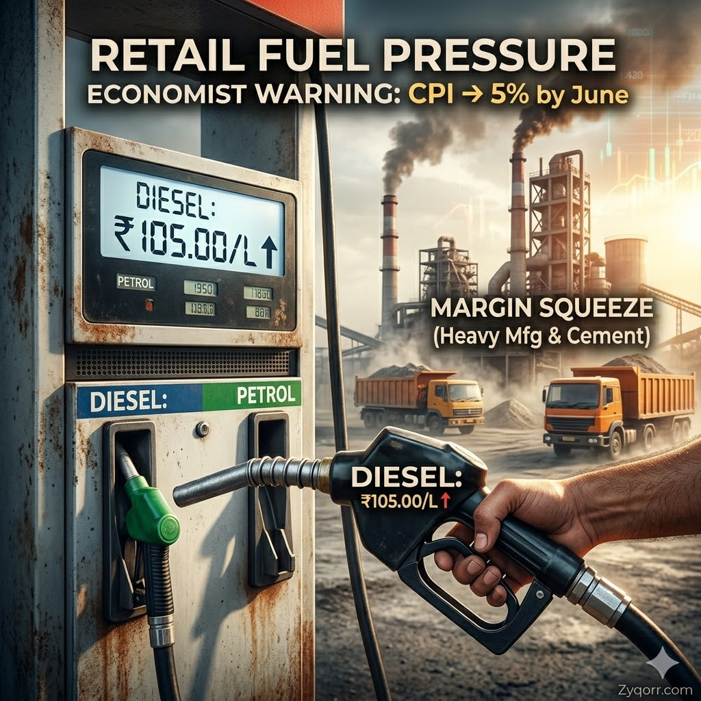A gritty close-up photograph infographic for Zyqorr, presented as a 1:1 image. A hand holds a detailed diesel nozzle at a traditional Indian petrol pump, with the pump display clearly reading: 'DIESEL: ₹105.00/L ↑.' In the slightly hazy background, a struggling heavy manufacturing and cement plant with visible smoke stacks is seen, labeled: 'RETAIL FUEL PRESSURE,' 'ECONOMIST WARNING: CPI → 5% by June,' and 'MARGIN SQUEEZE.'