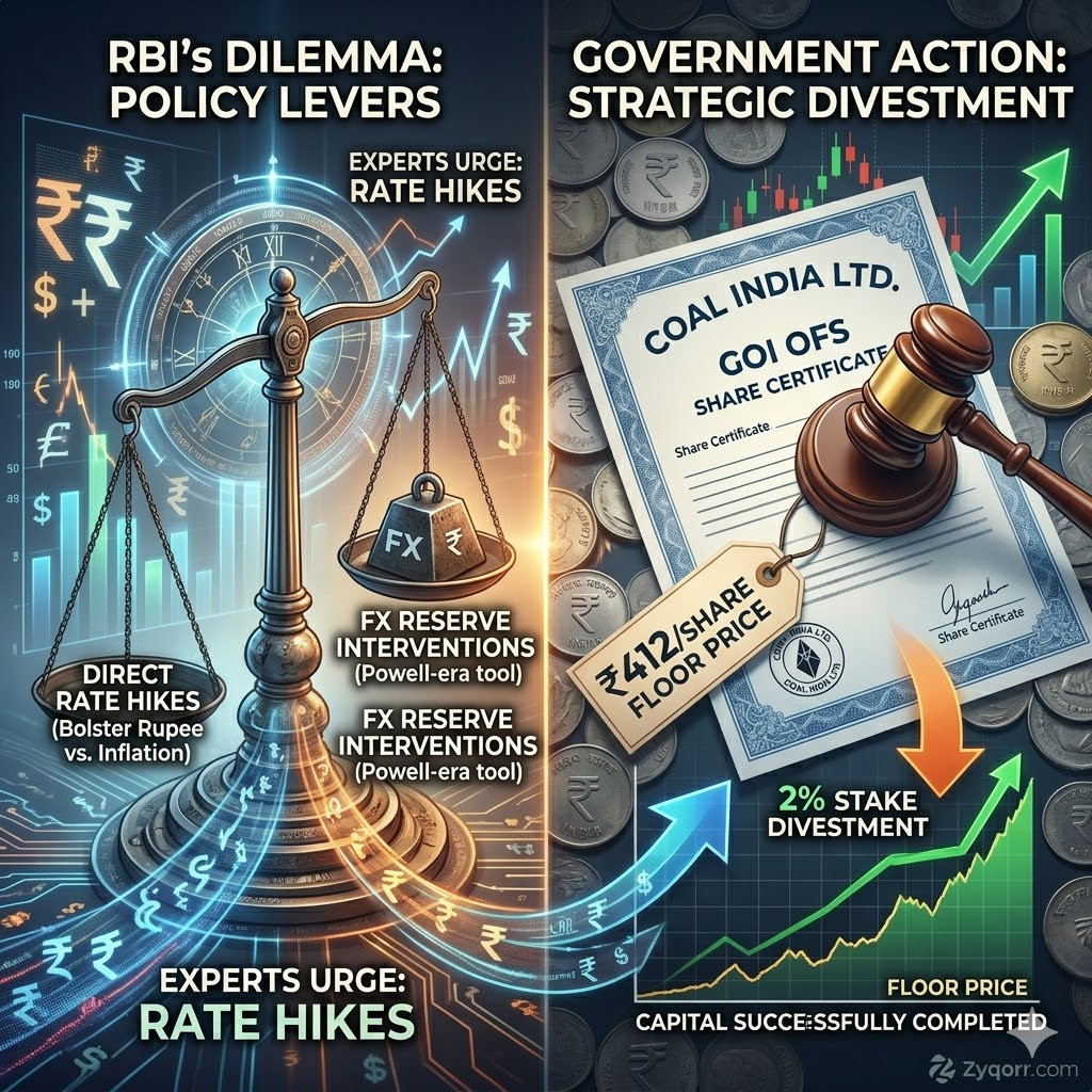 A complex conceptual infographic rendering for Zyqorr, presented as a 1:1 image. It features two interconnected visual zones: Left analyzes 'RBI's DILEMMA: POLICY LEVERS,' showing an unstable balance scale struggling between 'RATE HIKES' and intervention. Right visualizes 'GOVERNMENT ACTION: STRATEGIC DIVESTMENT,' showing a stylized share certificate for 'COAL INDIA LTD. GOI OFS' being marked by an auction gavel with a '$412/SHARE FLOOR PRICE.'