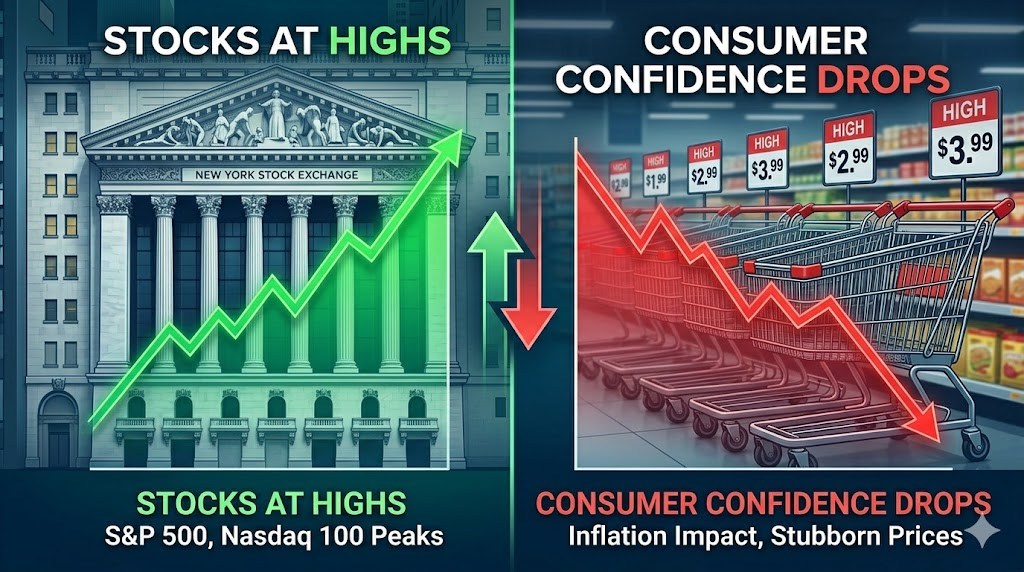 A financial infographic showing divergent Global Market Trends between the US stock market highs and dropping consumer confidence.