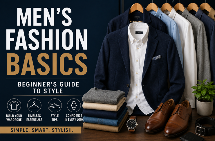 Men's Fashion Basics guide showing essential wardrobe items, stylish outfits, footwear, accessories, and beginner men's style tips.