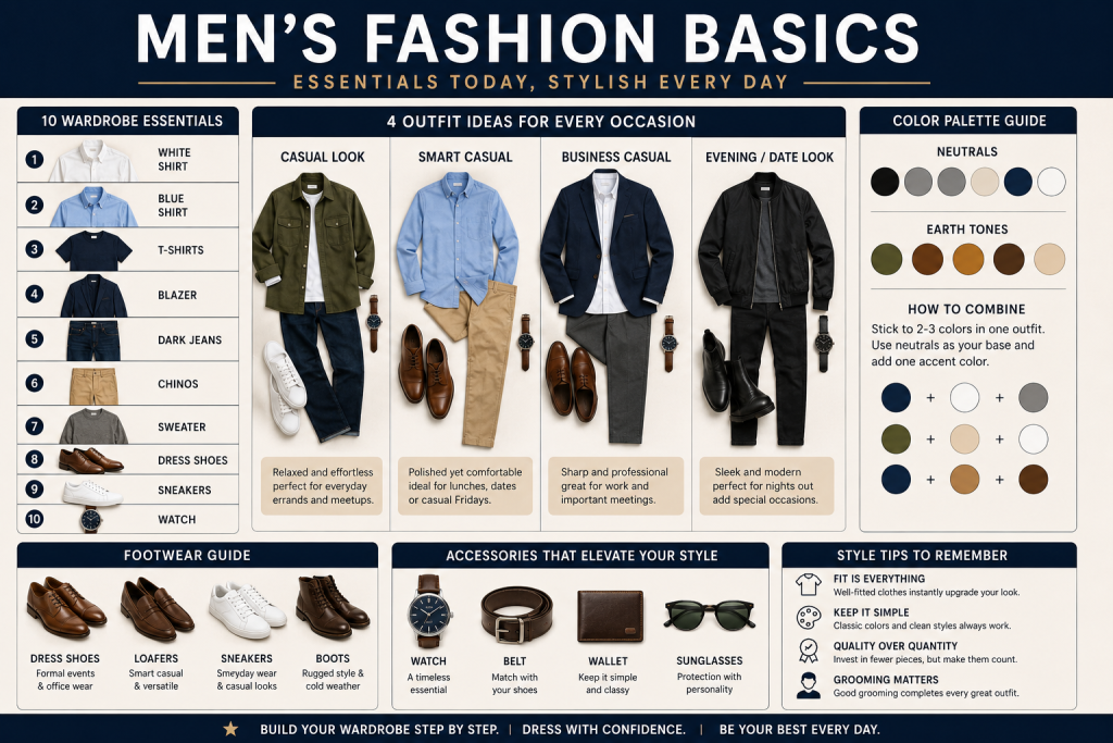 Men's Fashion Basics guide showing essential wardrobe items, stylish outfits, footwear, accessories, and beginner men's style tips.