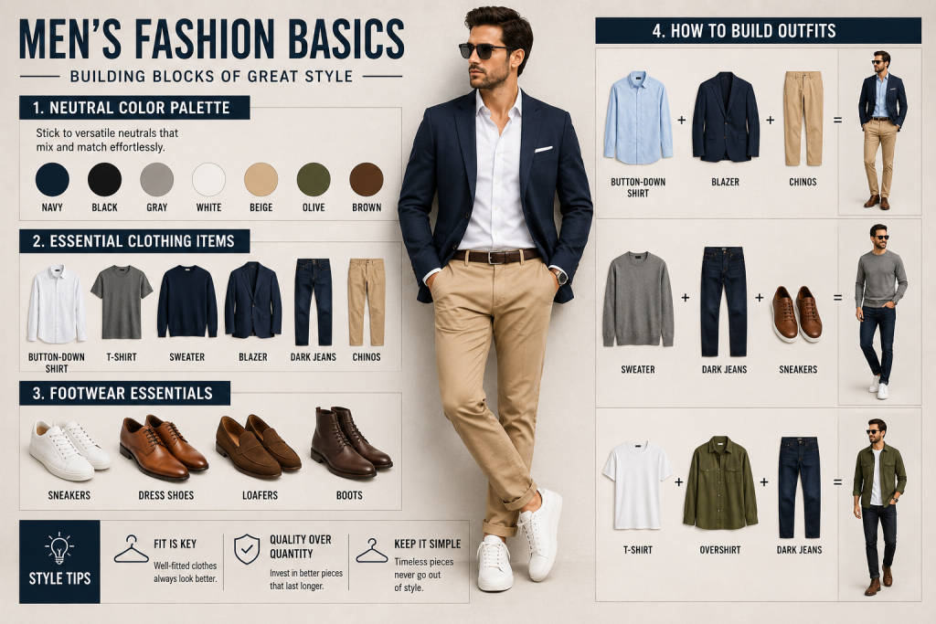 Men's Fashion Basics guide showing essential wardrobe items, stylish outfits, footwear, accessories, and beginner men's style tips.