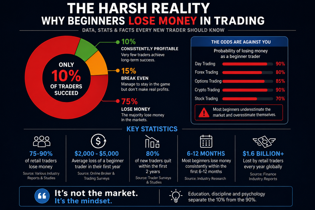Statistics showing how beginners lose money in trading percentages.