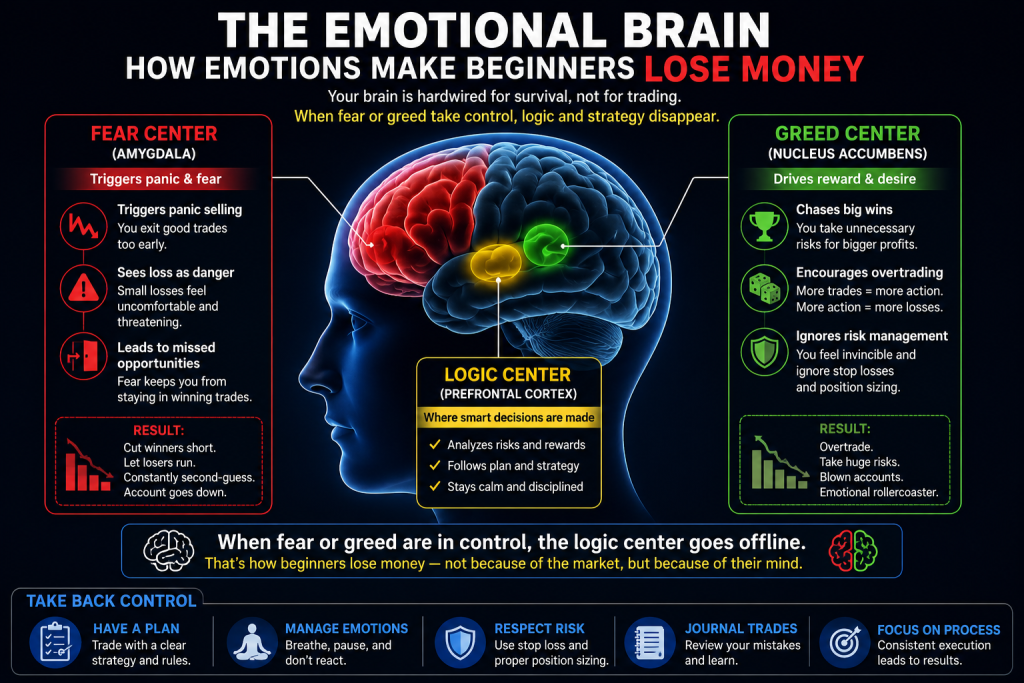 Brain psychology showing how beginners lose money through emotions