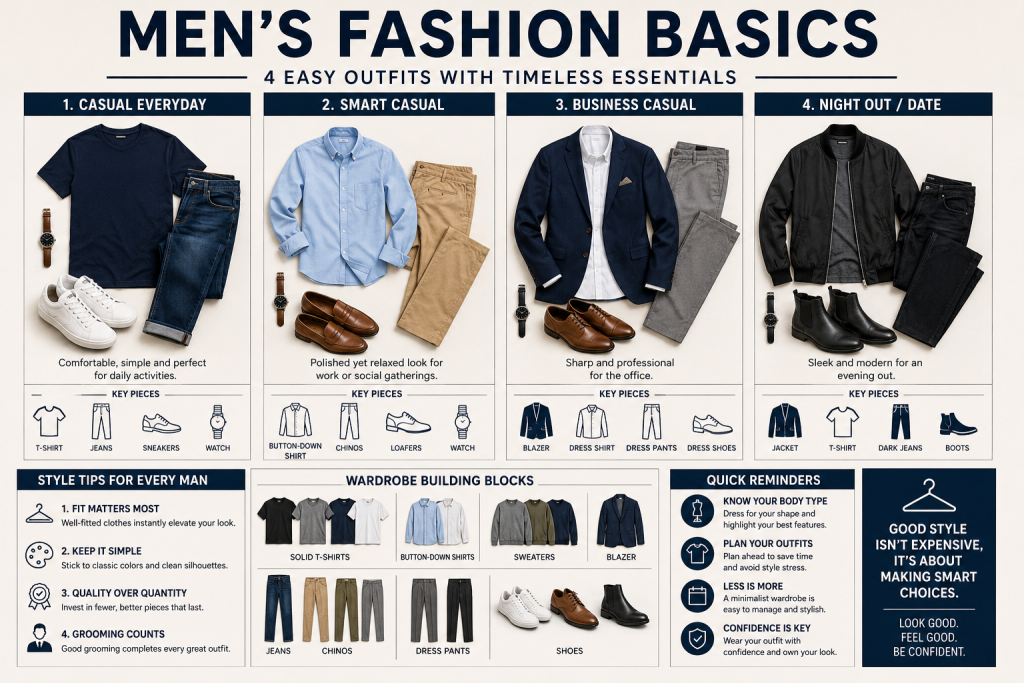 Men's Fashion Basics guide showing essential wardrobe items, stylish outfits, footwear, accessories, and beginner men's style tips.