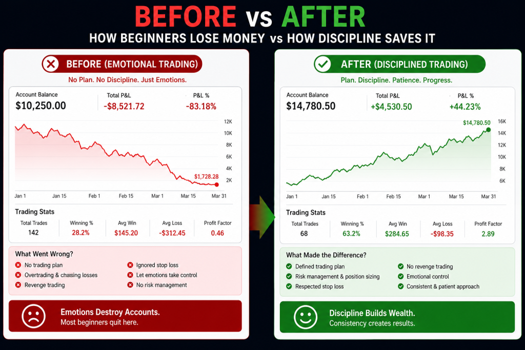 Account balance showing how beginners lose money through psychology mistakes.