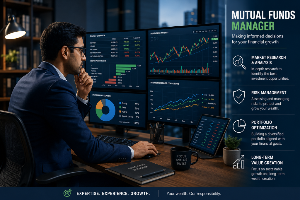 Professional mutual funds manager analyzing market data on computer screens