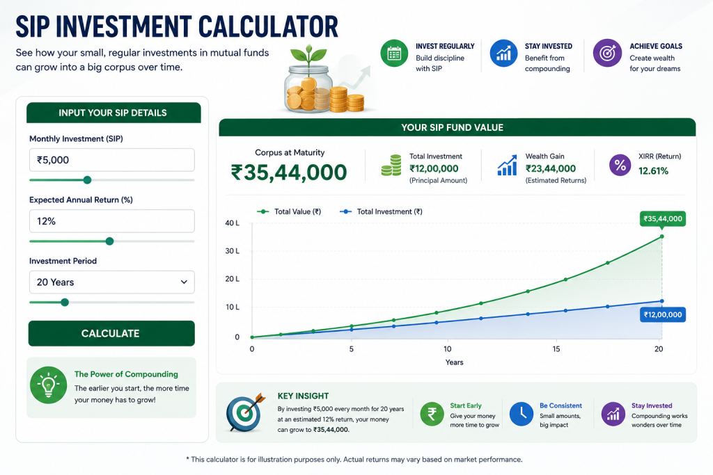 SIP investment calculator showing mutual funds growth through systematic investing