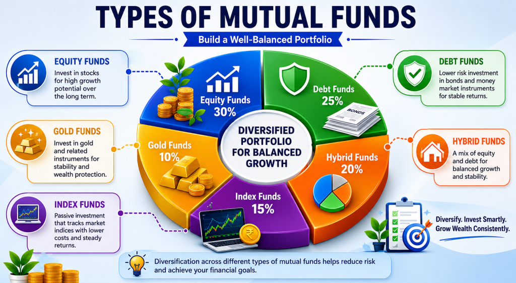 Types of mutual funds portfolio allocation pie chart for beginners