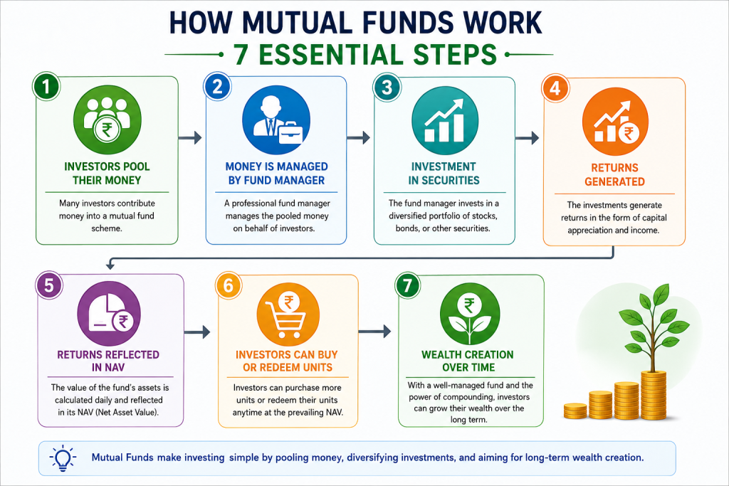 How mutual funds work - 7 essential steps infographic showing complete process