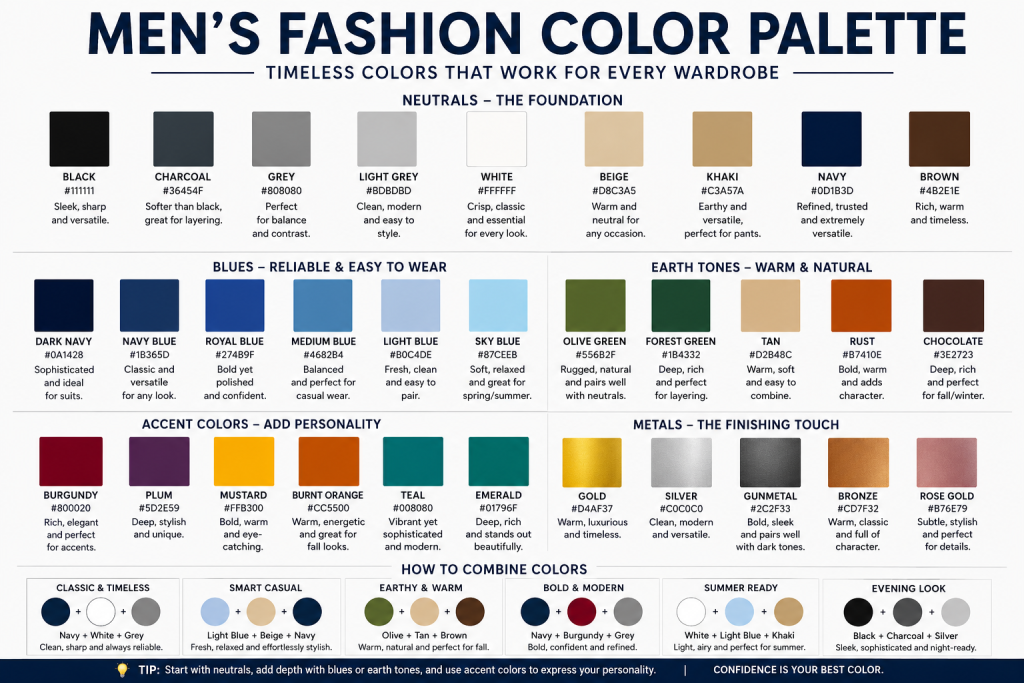 Men's Fashion Basics guide showing essential wardrobe items, stylish outfits, footwear, accessories, and beginner men's style tips.