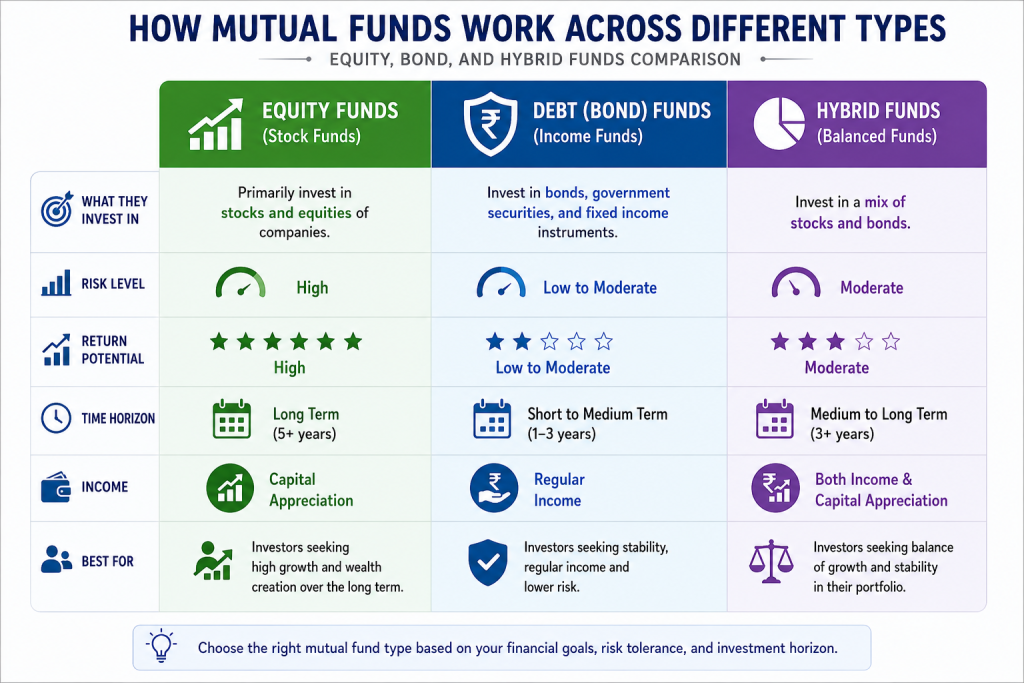 How mutual funds work across different types - equity, bond, and hybrid funds comparison
