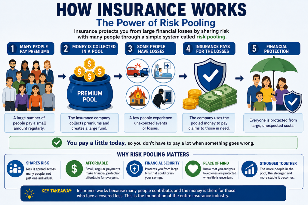 Step-by-step insurance buying checklist showing how to identify risks, compare quotes, review policy details, choose coverage, set up payments, and review insurance annually.