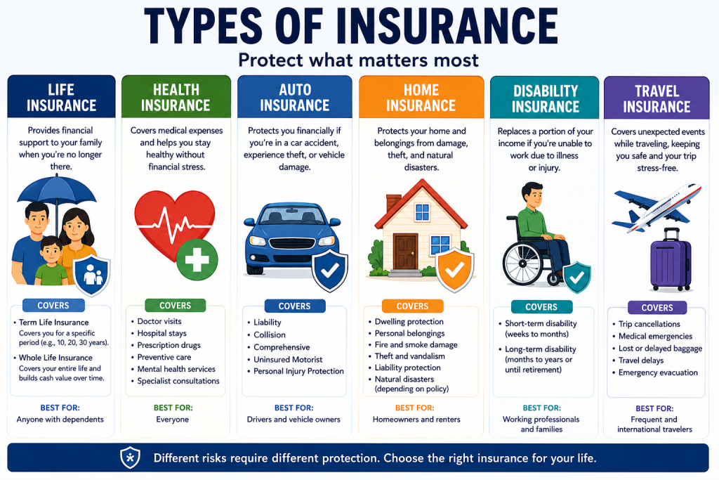 Types of insurance explained with visual examples of life insurance, health insurance, auto insurance, home insurance, disability insurance, and travel insurance coverage for financial protection.