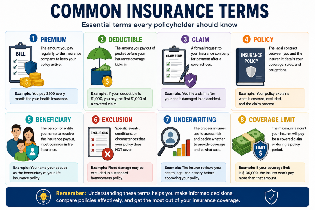 Insurance terminology guide explaining premium, deductible, claim, policy, beneficiary, underwriting, exclusion, and coverage limits with easy-to-understand visual examples.